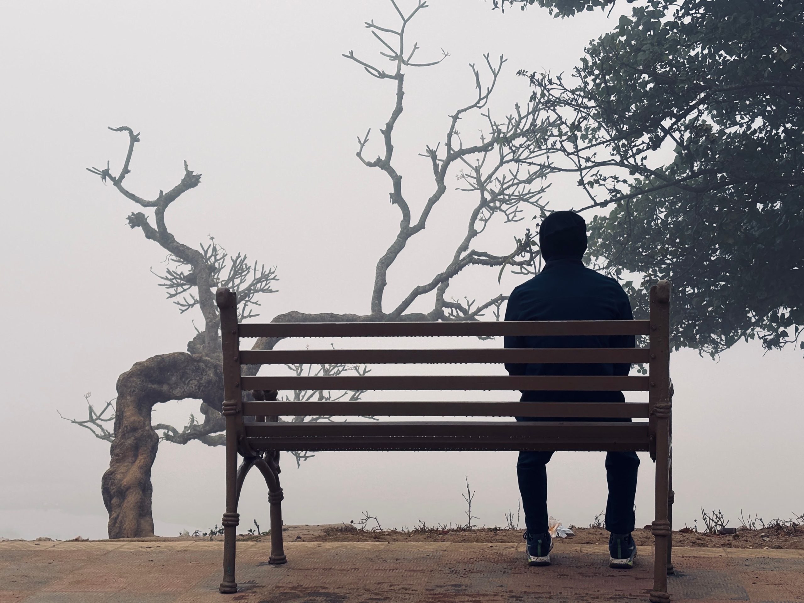 Personne assise sur un banc dans le brouillard